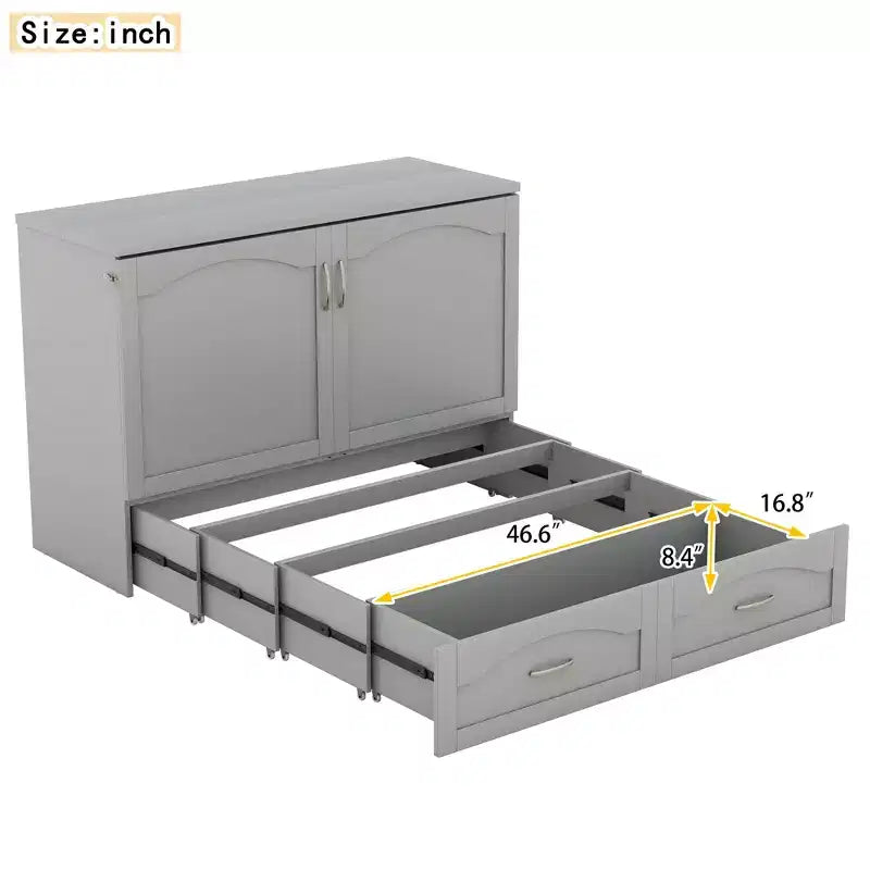 Lit escamotable mural Queen Size avec tiroirs de rangement, Armoire-lit escamotable en bois avec prises et ports USB, Conception à structure de poulie