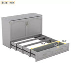 Lit escamotable mural Queen Size avec tiroirs de rangement, Armoire-lit escamotable en bois avec prises et ports USB, Conception à structure de poulie