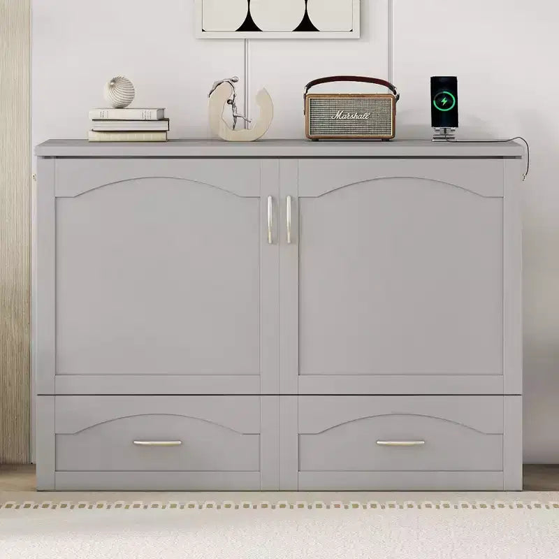 Lit escamotable mural Queen Size avec tiroirs de rangement, Armoire-lit escamotable en bois avec prises et ports USB, Conception à structure de poulie