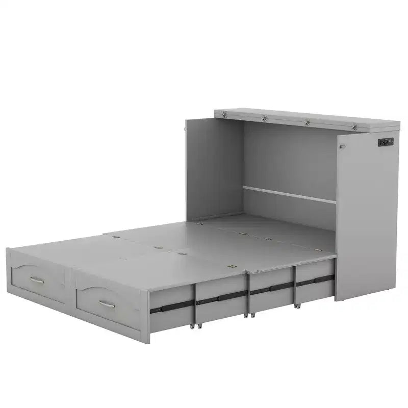 Lit escamotable mural Queen Size avec tiroirs de rangement, Armoire-lit escamotable en bois avec prises et ports USB, Conception à structure de poulie