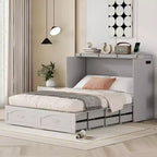 Full/Queen Murphy Bed Wall Bed with Storage Drawers, Wood Murphy Bed Chest with Sockets & USB Ports, Pulley Structure Design