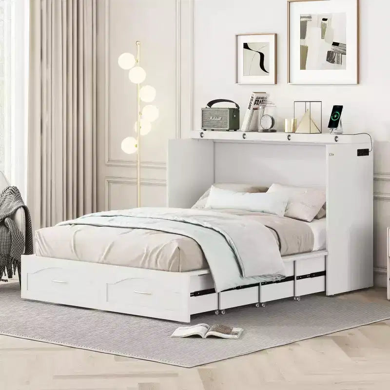 Lit escamotable mural Queen Size avec tiroirs de rangement, Armoire-lit escamotable en bois avec prises et ports USB, Conception à structure de poulie