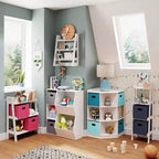 Meuble de rangement pour chambre d'enfant avec 6 casiers de rangement pour jouets et 3 étagères inclinées