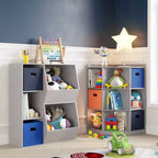 Meuble de rangement pour chambre d'enfant avec 6 casiers de rangement pour jouets et 3 étagères inclinées