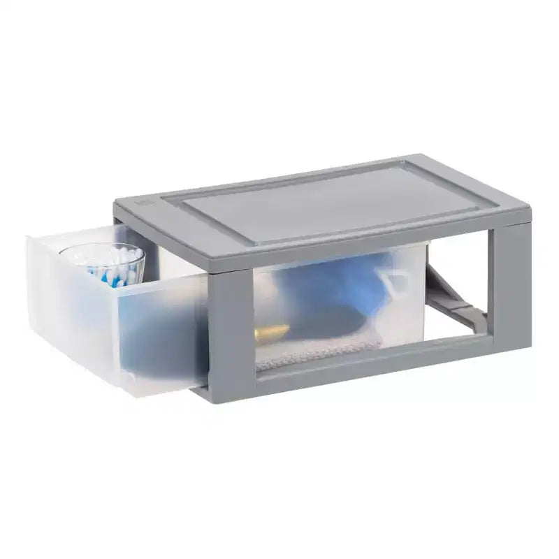 Organisateur de tiroirs de rangement compact empilable en plastique avec portes transparentes