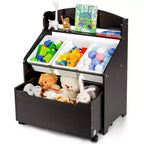 Costway Kids Wooden Toy Storage Unit Organizer w/Rolling Toy Box & Plastic Bins Natural\Espresso