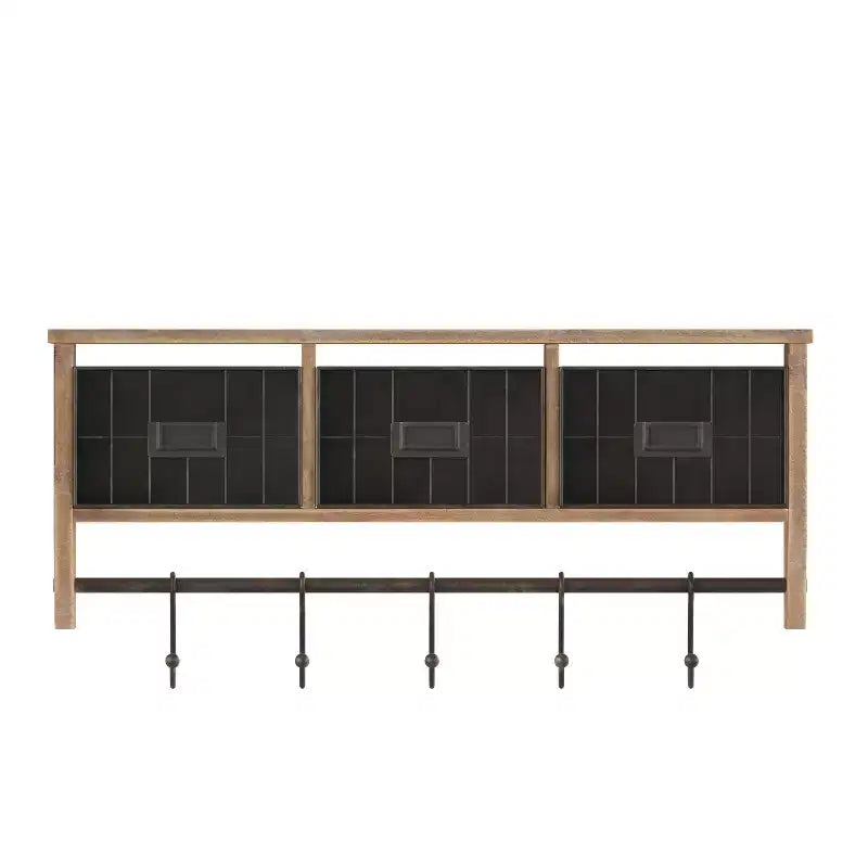 Étagère murale de rangement en pin massif de 24 pouces avec tablette supérieure, 5 crochets et paniers métalliques pour salon, cuisine ou entrée