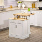 avec Meuble de Rangement et Plateau en Bois d'Hévéa à 2 Niveaux, Table Îlot avec Étagères et Tiroirs Réglables, Blanc