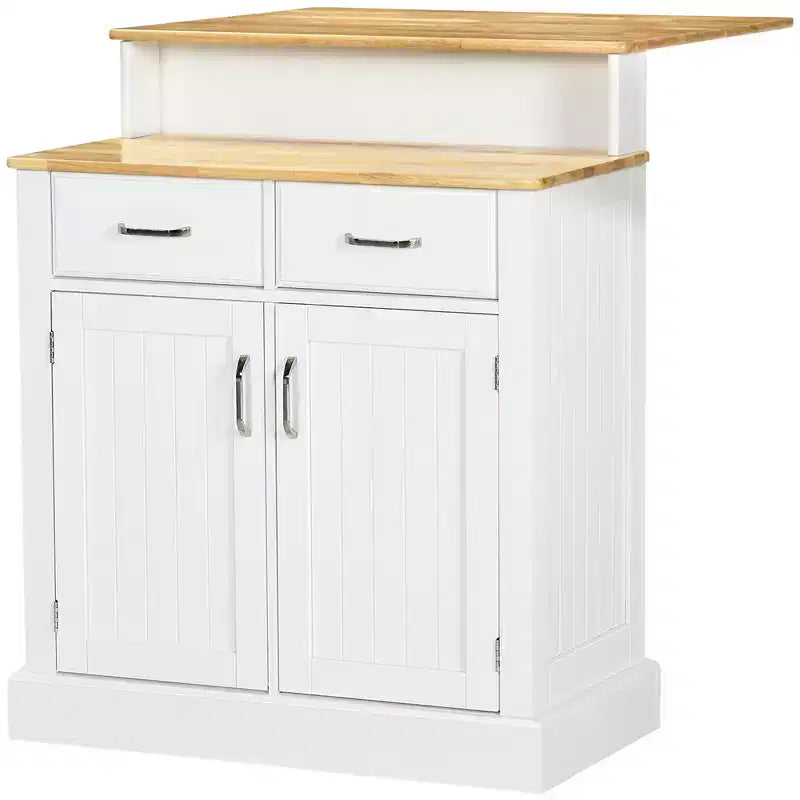 avec Meuble de Rangement et Plateau en Bois d'Hévéa à 2 Niveaux, Table Îlot avec Étagères et Tiroirs Réglables, Blanc