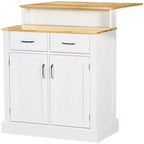 avec Meuble de Rangement et Plateau en Bois d'Hévéa à 2 Niveaux, Table Îlot avec Étagères et Tiroirs Réglables, Blanc
