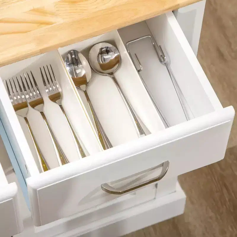 avec Meuble de Rangement et Plateau en Bois d'Hévéa à 2 Niveaux, Table Îlot avec Étagères et Tiroirs Réglables, Blanc
